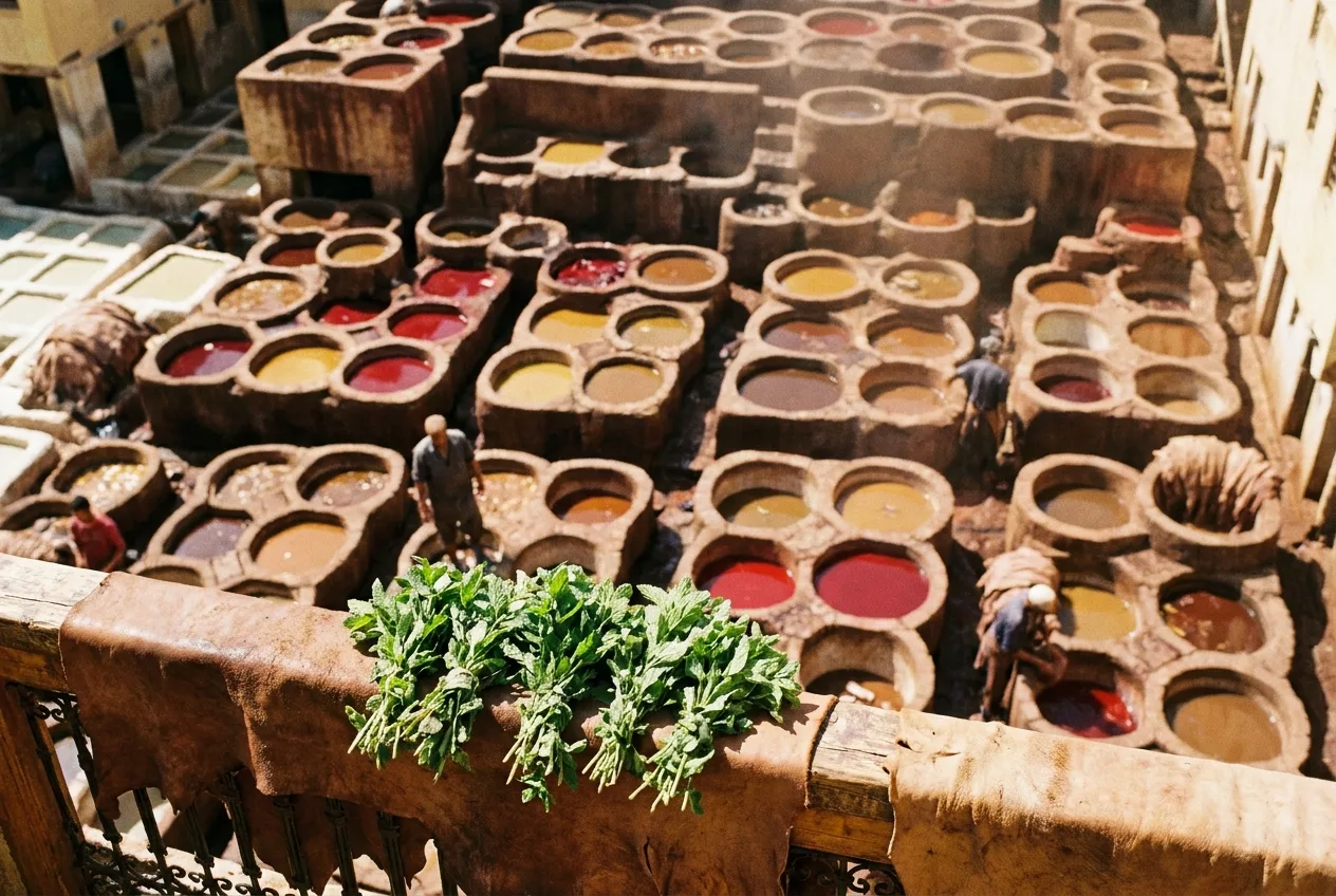 Chouara tanneries in Fes Morocco with natural dye honeycomb vats