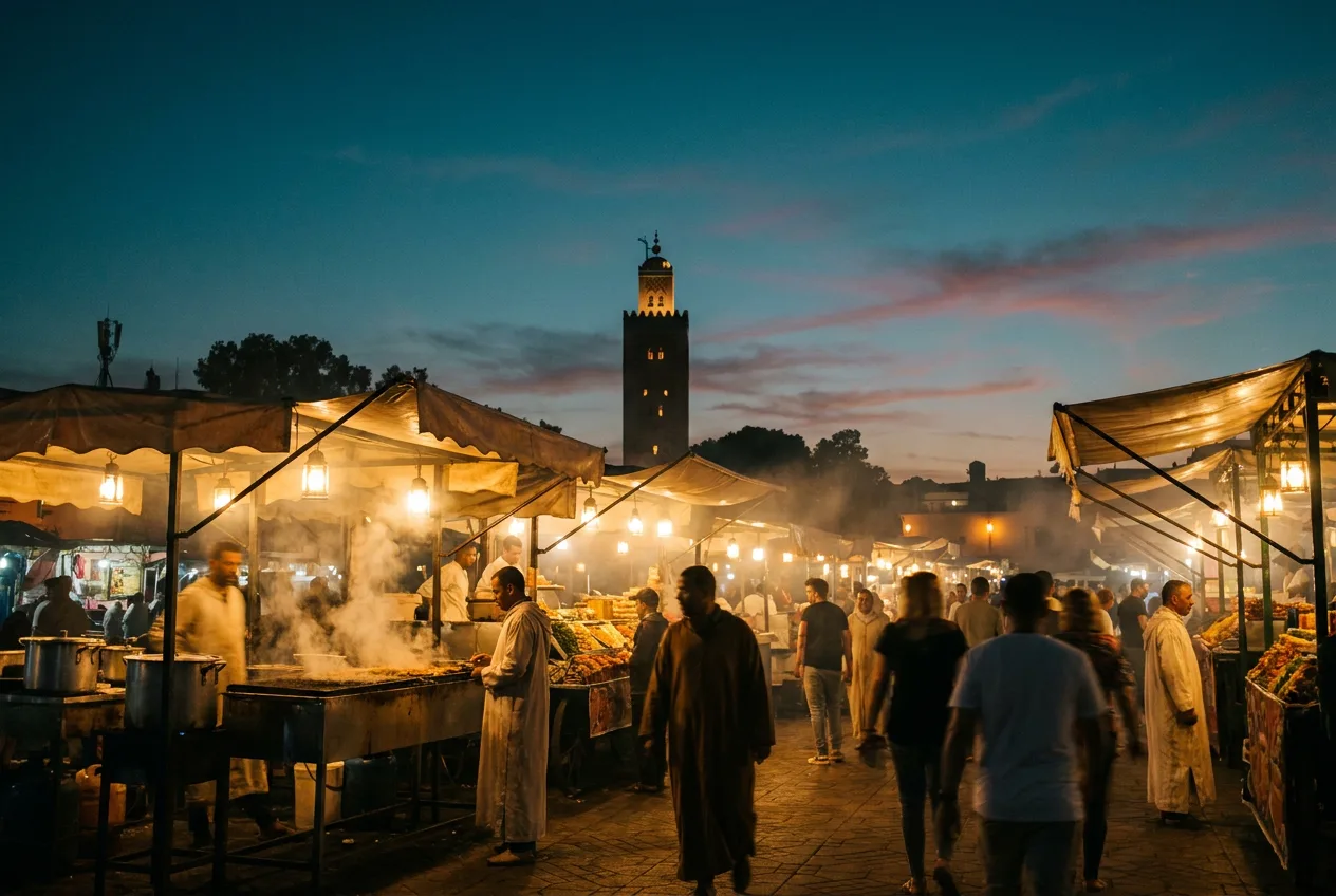 Jemaa el-Fna square Marrakech at blue hour with lantern-lit food stalls