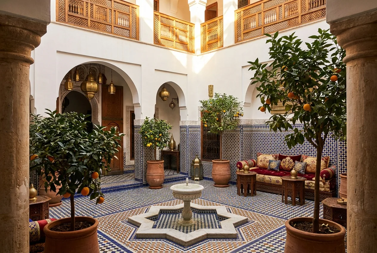Traditional Marrakech riad courtyard with zellige tilework and fountain
